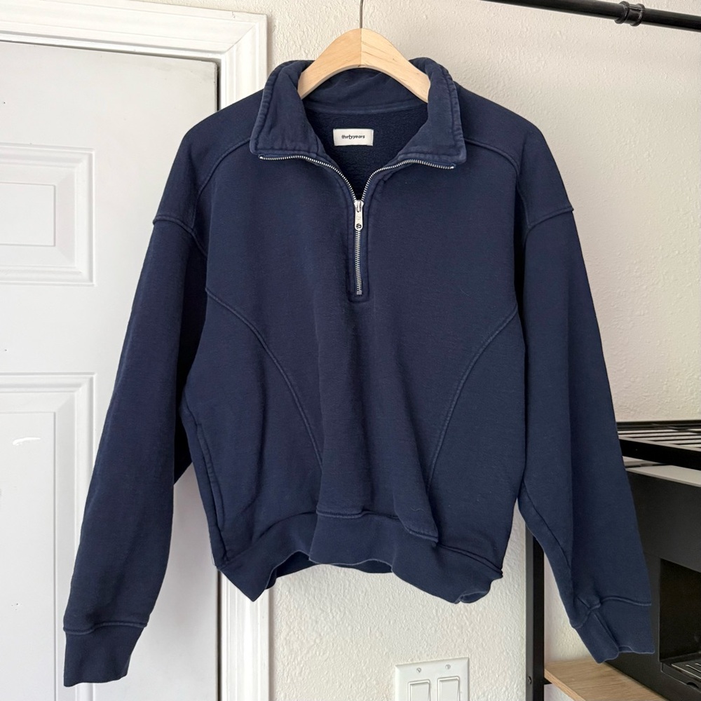 THIRTY YEARS blue cotton knit boxy cropped long sleeve popover half zip sweater